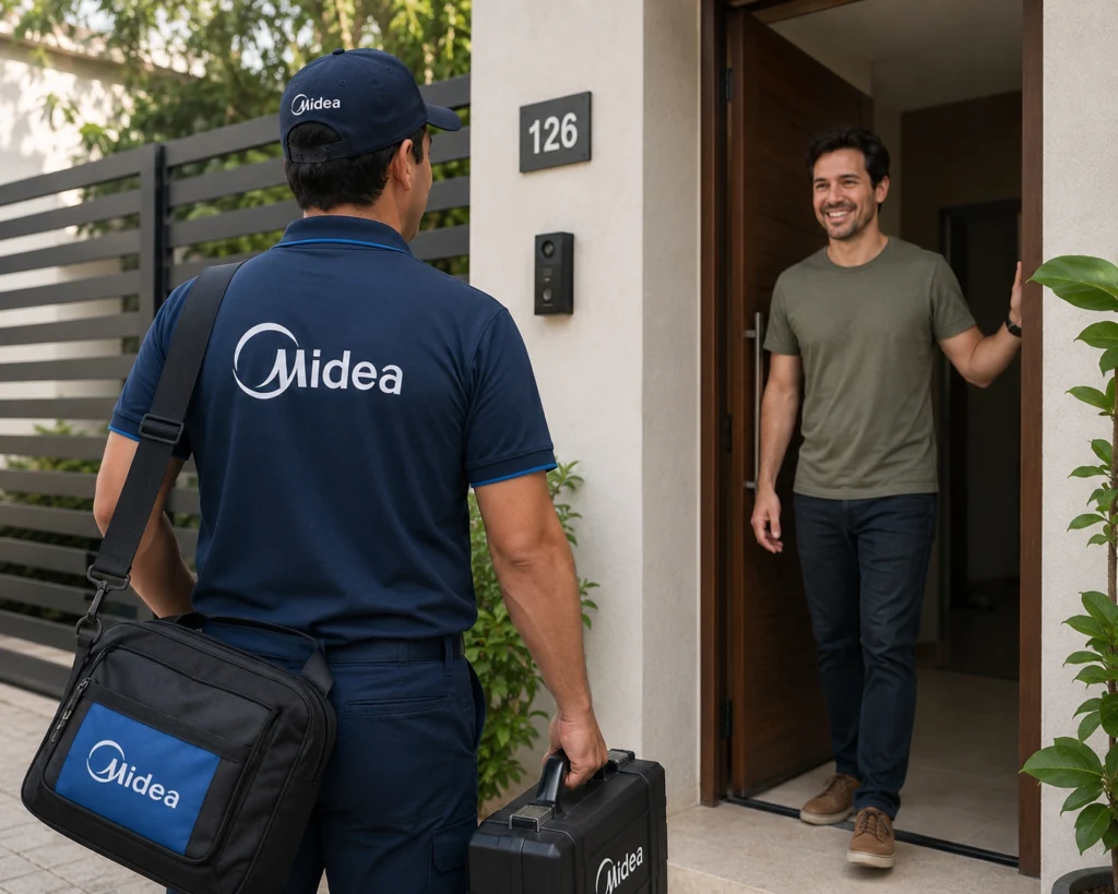Técnico autorizado Midea llegando a un domicilio en Chile