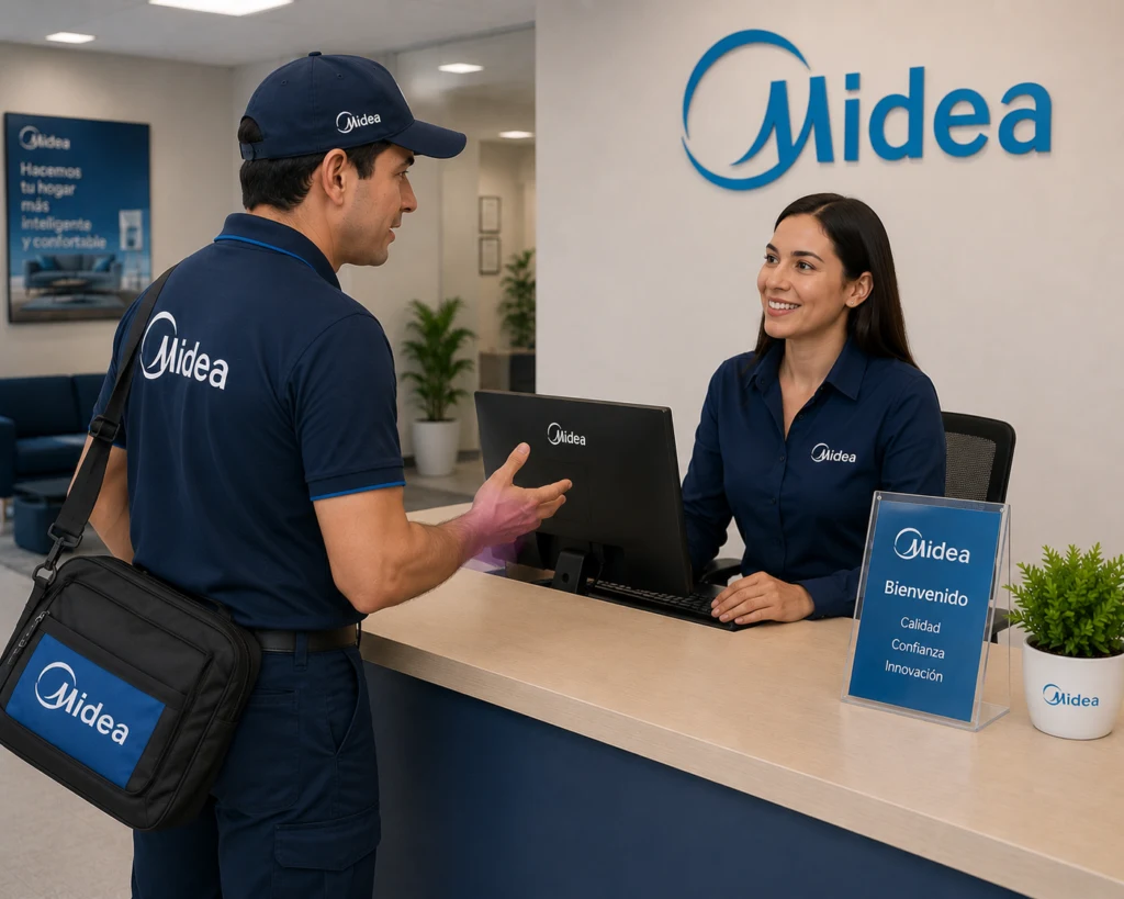 Técnico autorizado Midea documentando una reparación en Chile