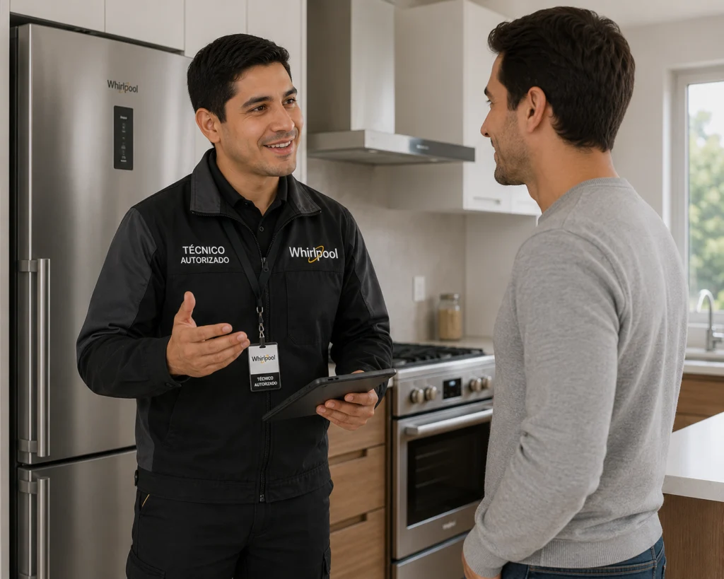 Técnico autorizado Whirlpool explicando un diagnóstico a un cliente en Chile